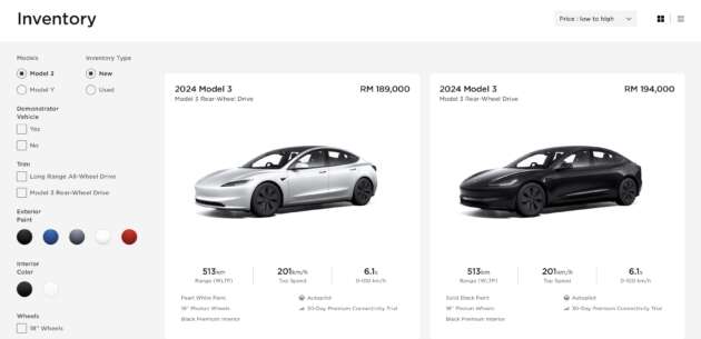 Tesla Model 3 Highland pre-configured available inventory now listed on Tesla Malaysia website